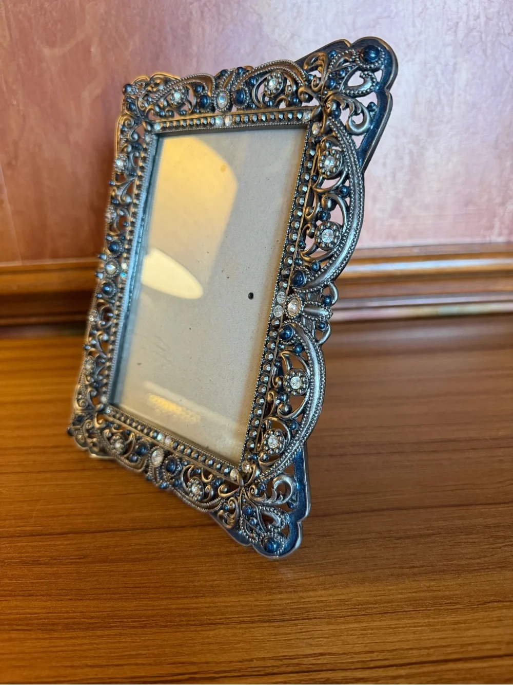 Vintage Ornate Pewter Metal Bejeweled 4x6 Picture Frame Heavy Filigree Crystals
